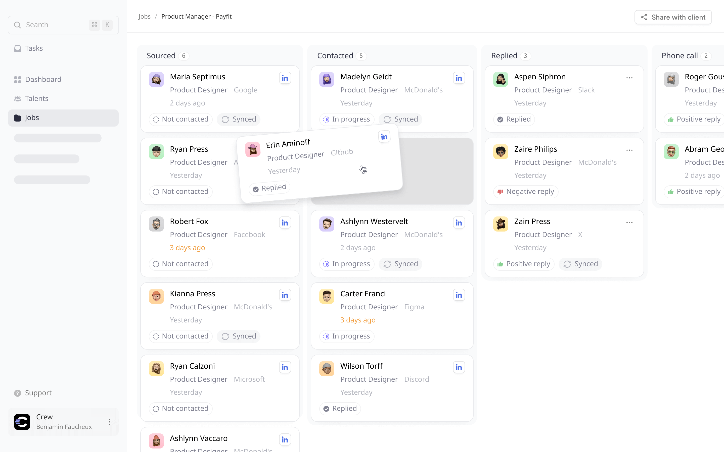 Crew talents Kanban board